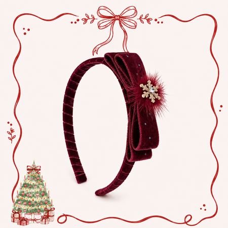 Burgundy velvet bow Christmas headband with jewelled snowflake detail