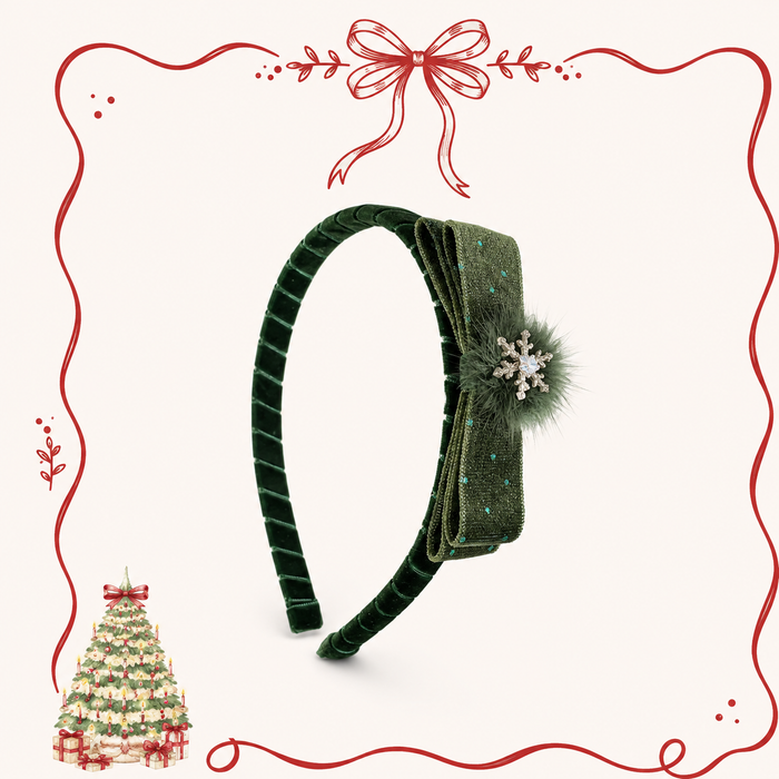 Side view of burgundy velvet bow Christmas headband with festive jewelled detail