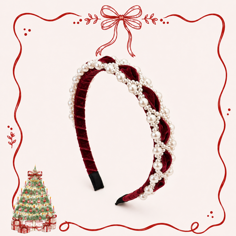 Christmas Pearl Velvet Headband for Girls – Red, Black & Pink
