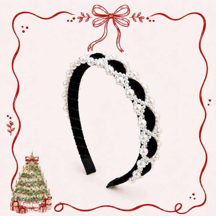 Christmas Pearl Velvet Headband for Girls – Red, Black & Pink