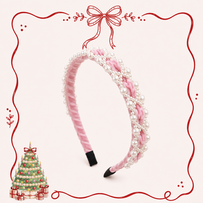 Christmas Pearl Velvet Headband for Girls – Red, Black & Pink