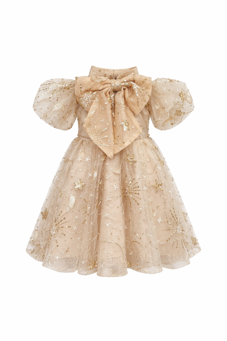 Amara Gold Tulle Embellished Bow Dress PRE ORDER