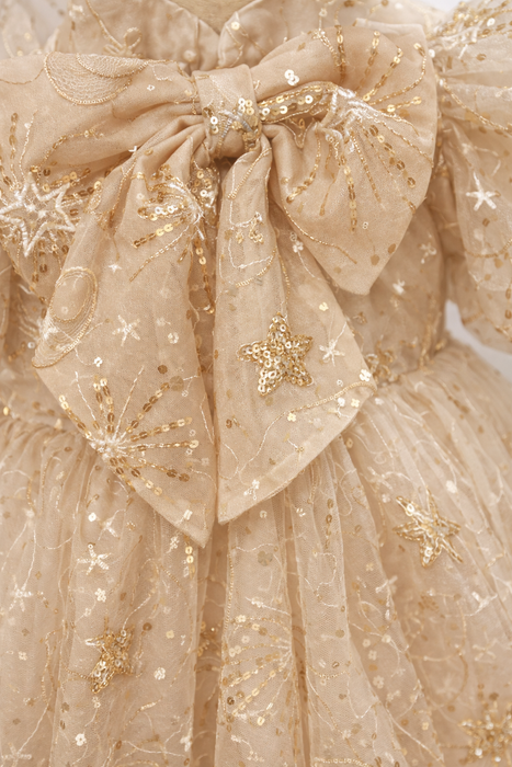Amara Gold Tulle Embellished Bow Dress PRE ORDER