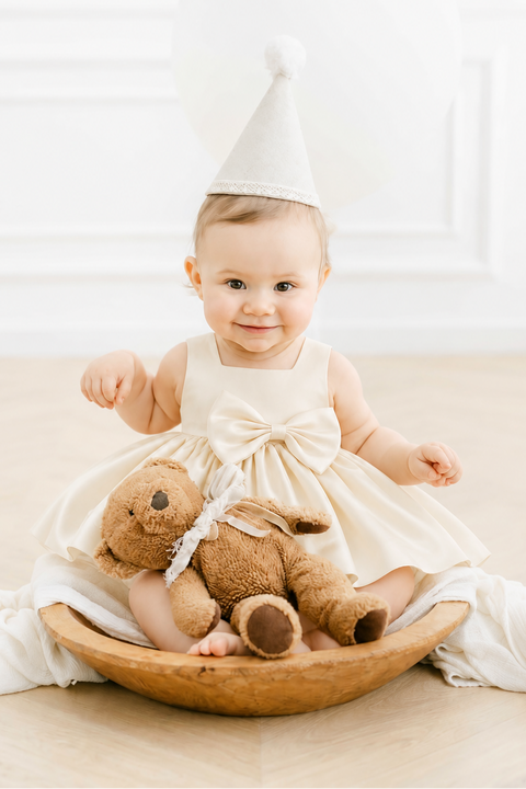 Elsie Satin Bow Party Dress (Beige)