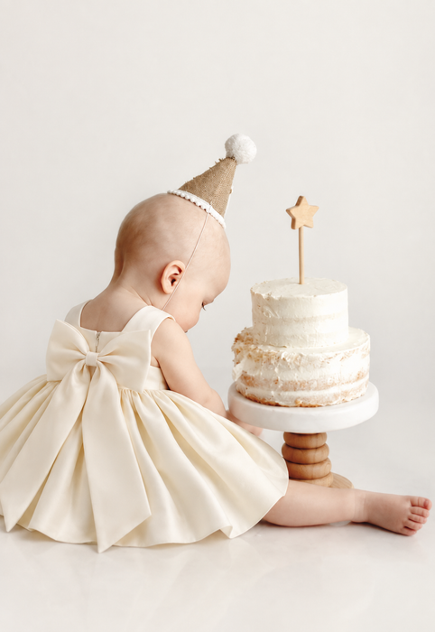 Elsie Satin Bow Party Dress (Beige)