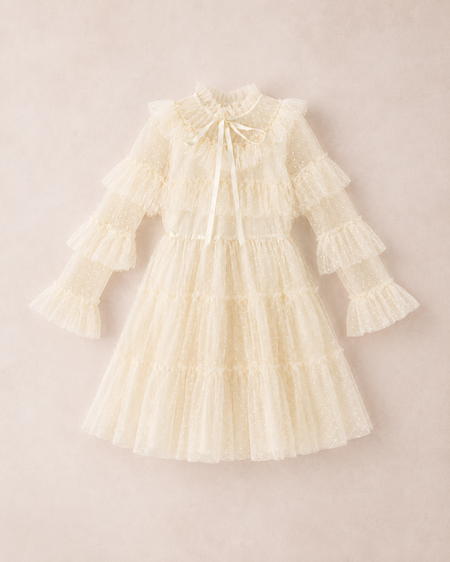 Ivory white long sleeve girls dress with tiered tulle ruffles and bow neckline