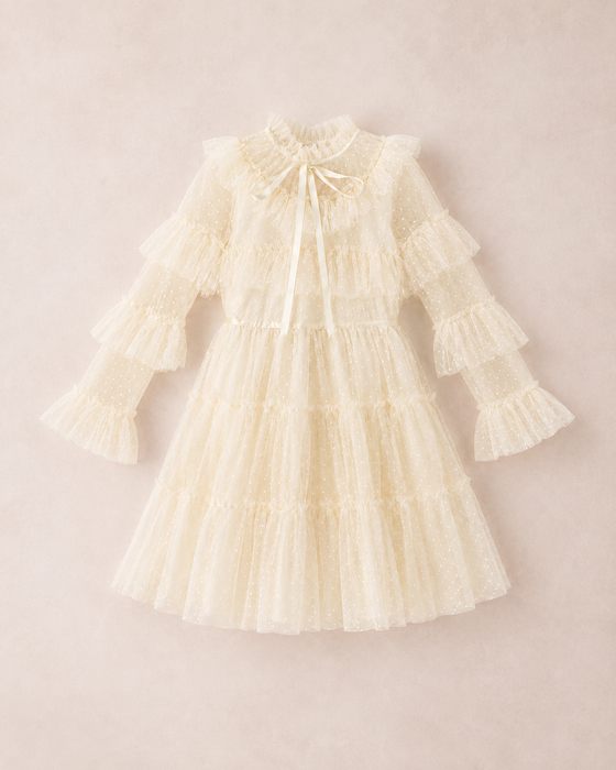 Ivory white long sleeve girls dress with tiered tulle ruffles and bow neckline