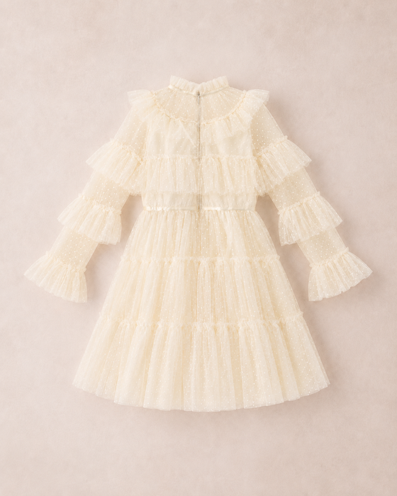 Back view of ivory white long sleeve girls special occasion dress