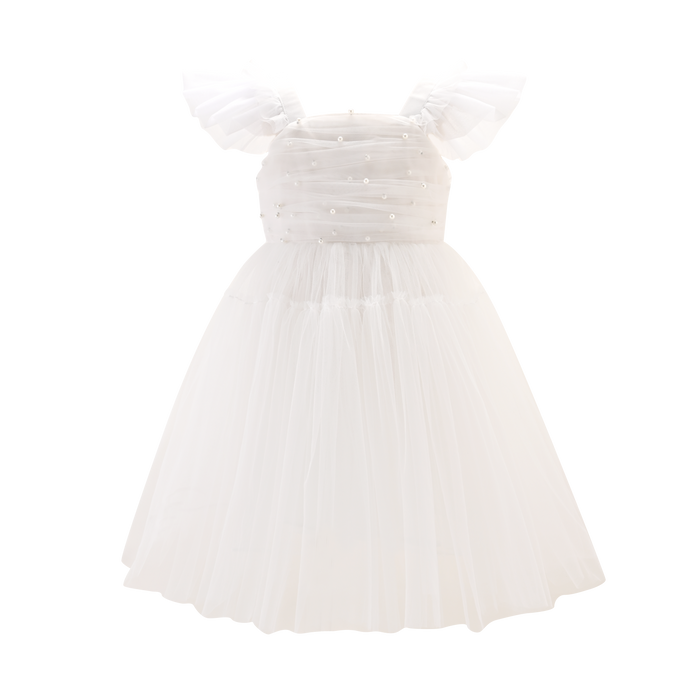 Janet White Pearl Flower Girl Tulle Dress