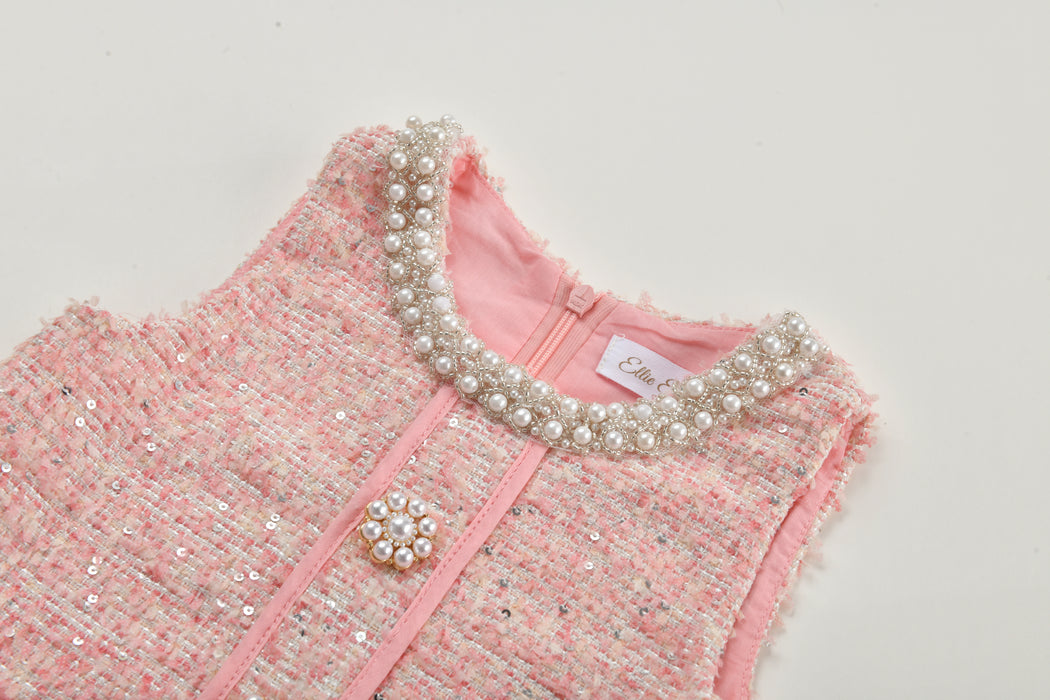 sleeveless pink tweed girls dress with pearl neckline and jewel buttons