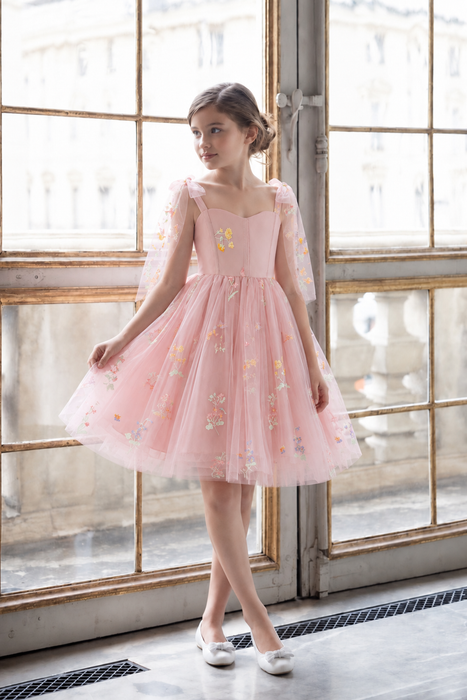 Pink Floral Tulle Year 6 Graduation Dress for Girls