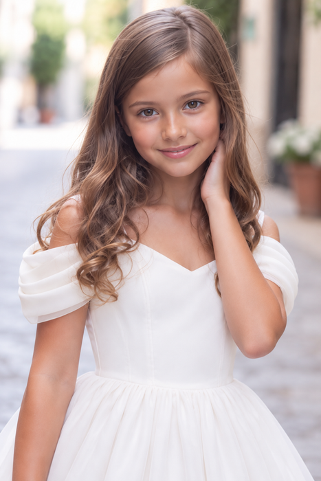 White Off Shoulder Year 6 Graduation Dress for Girls
