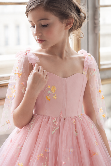 Pink Floral Tulle Year 6 Graduation Dress for Girls