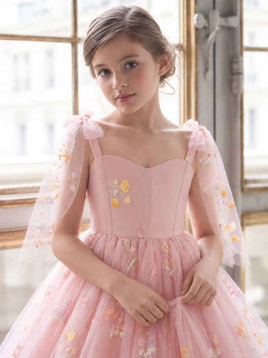 Pink Floral Tulle Year 6 Graduation Dress for Girls