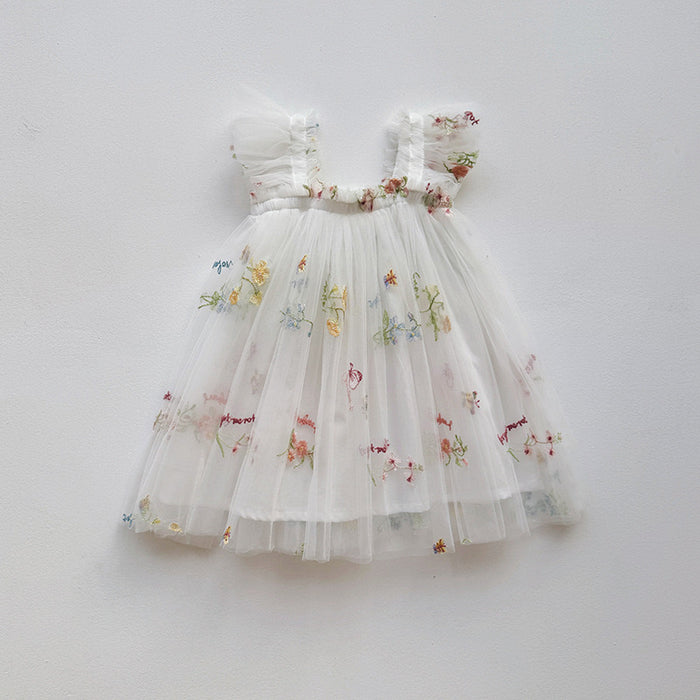 Amelia Embroidered Tulle Dress – White Floral Party Dress for Girls