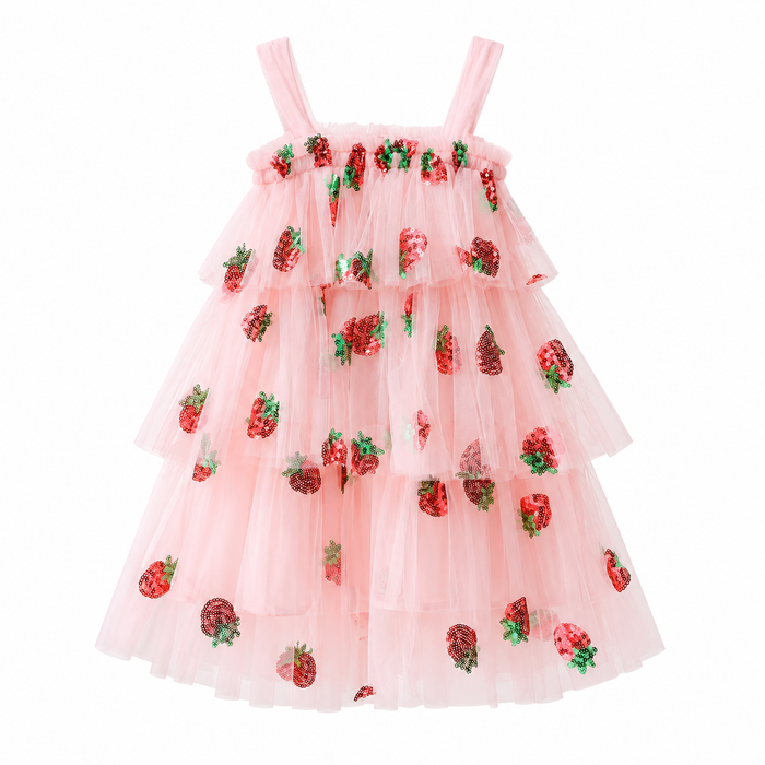 Pink berry first birthday dress with tiered tulle, shoulder straps and red and green sequin strawberries, front view