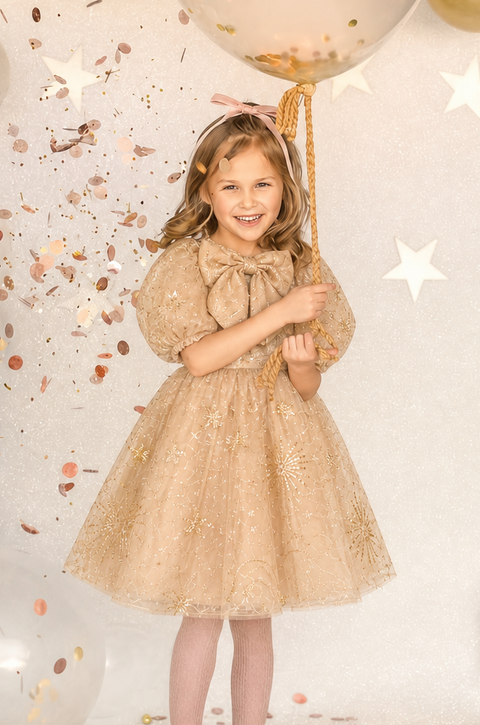 Amara Gold Puff Sleeve Christmas Dress for Girls (PRE ORDER MID OCT)