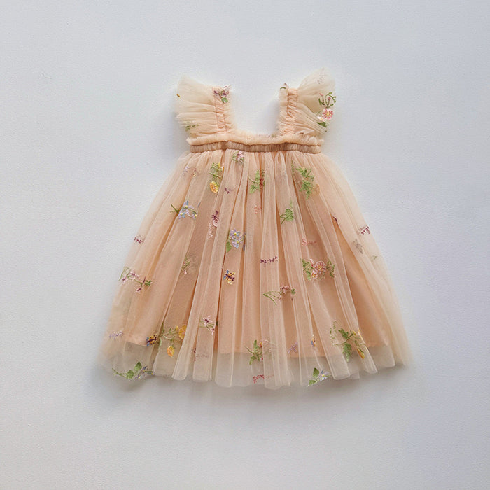 Amelia Embroidered Tulle Dress – Apricot Floral Party Dress for Girls