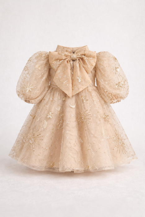 Amara Gold Tulle Embellished Bow Dress（PRE ORDER）