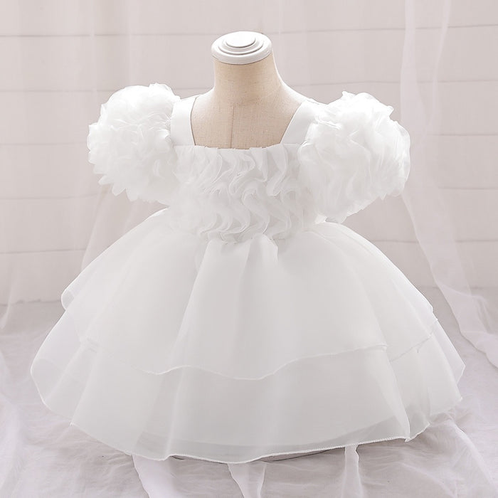 Daisy Organza Puff Sleeve Dress – White Birthday