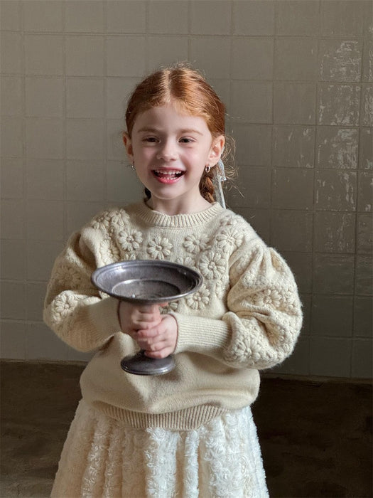 Daisy Knit Puff Sweater – Cream Flower Winter