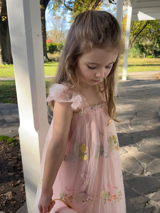 Amelia Embroidered Tulle Dress – Pink Floral Party Dress for Girls