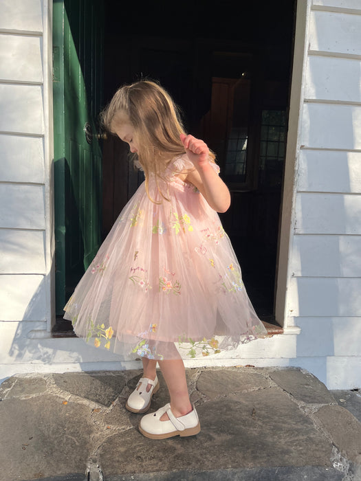 Amelia Embroidered Tulle Dress – Pink Floral Party Dress for Girls