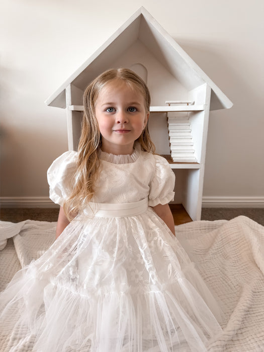 Lily Lace Puff Sleeve Dress – White Christening Birthday