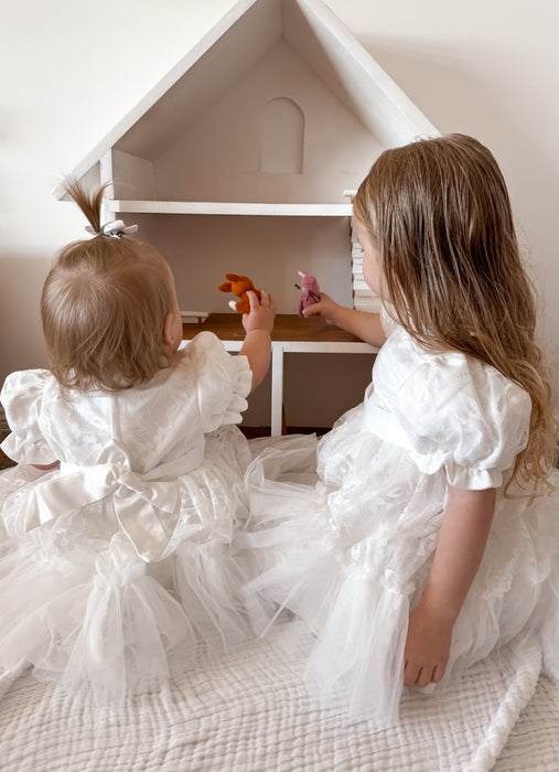 Lily Lace Puff Sleeve Dress – White Christening Birthday