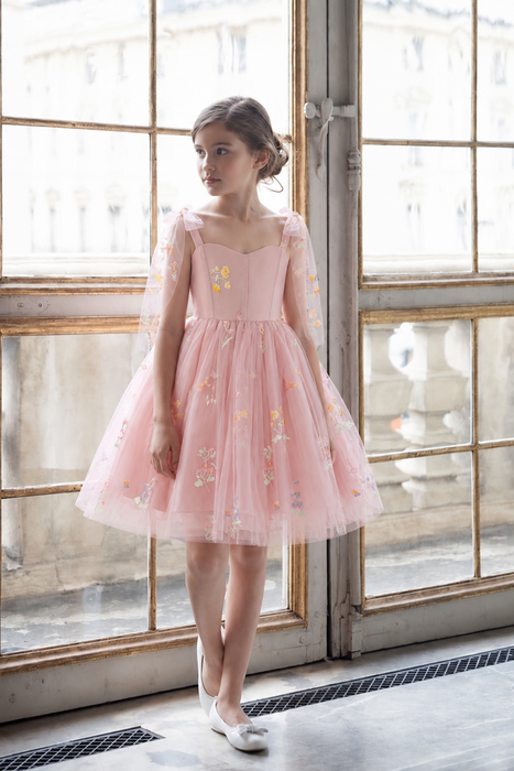 Pink Floral Tulle Year 6 Graduation Dress for Girls