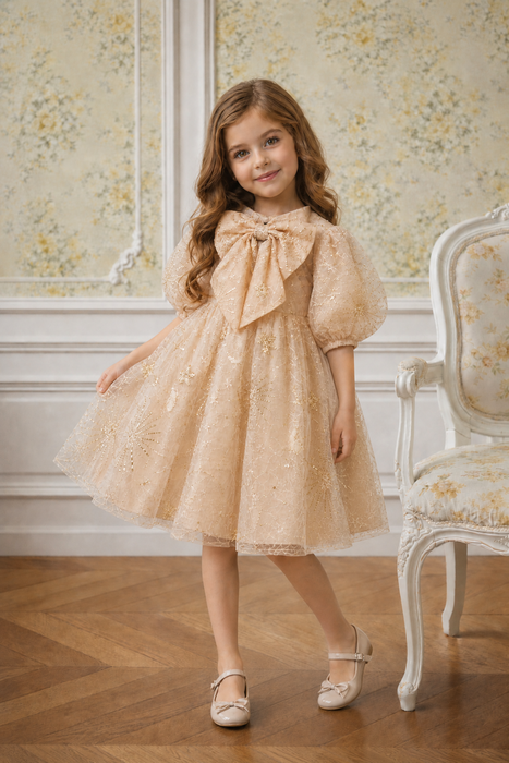 Amara Gold Puff Sleeve Christmas Dress for Girls(PRE ORDER OCT)