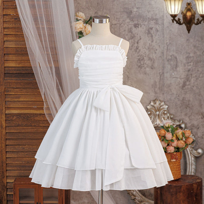 White Ruffle Bow Graduation Dress for Girls