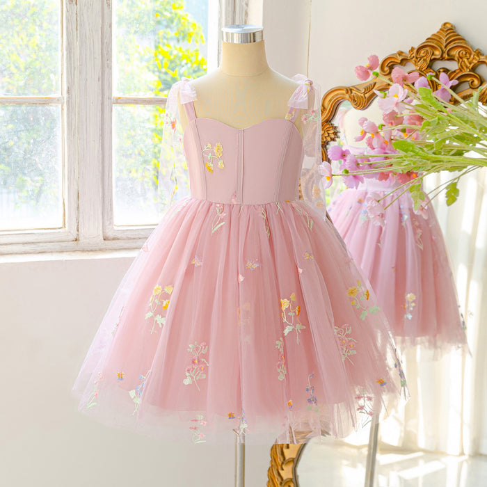 Pink Floral Tulle Year 6 Graduation Dress for Girls