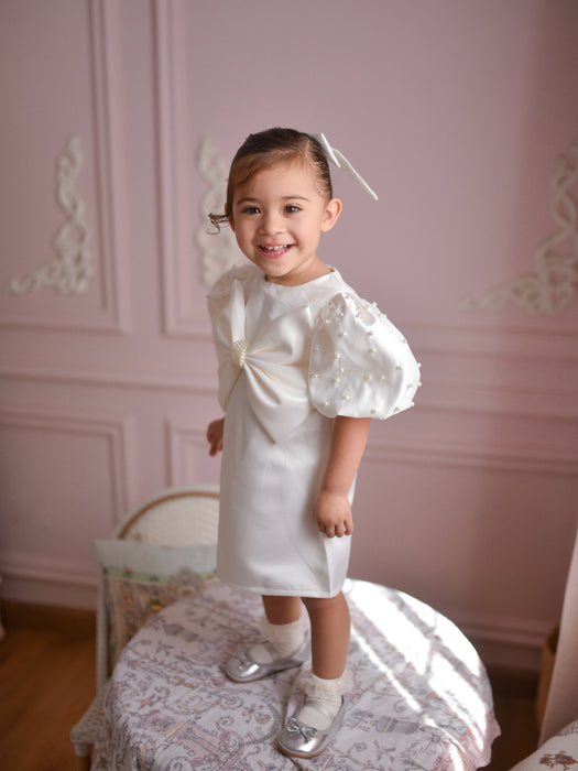 Sylvia White Satin Bow Dress