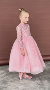 Elegant pink tulle dress with pearl, sequin, and glitter detail for girls