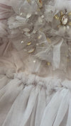 Close-up of shimmering sequins on grey tulle dress